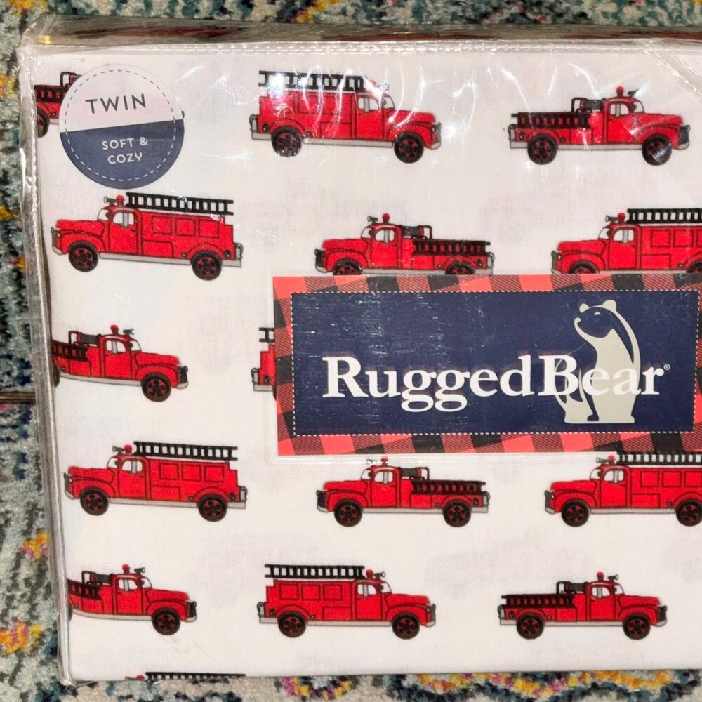 RUGGED BEAR Fire Engine Cotton Flannel Sheet Set - TWIN SIZE Set (fire truck)